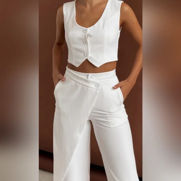 COMMENSE Solid Wet Asymetrical Straight Leg Pants Set Sz L NWT - Picture 6 of 13